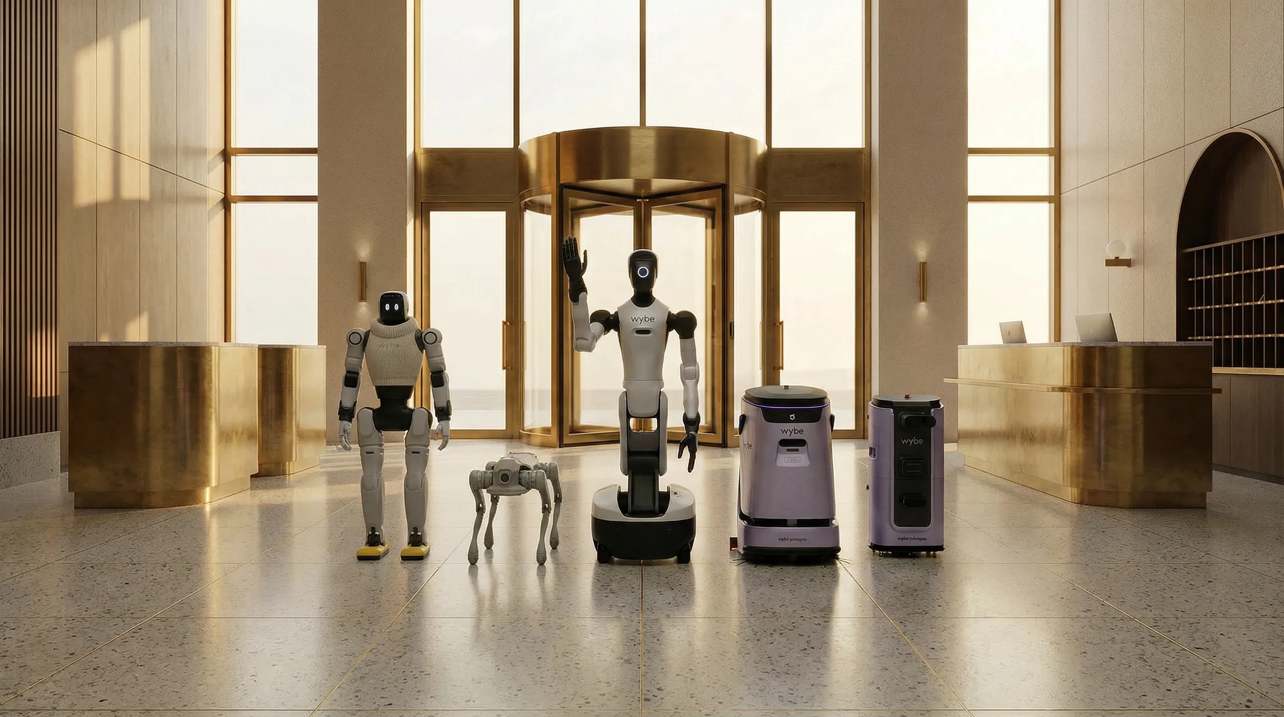Flere av Wybes roboter i en hotellobby
